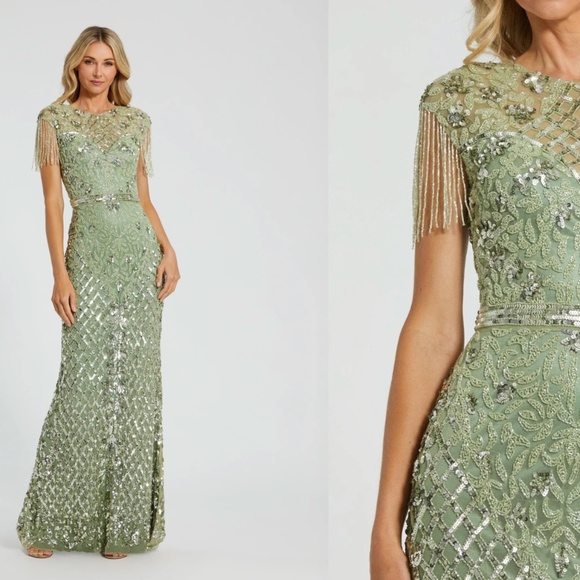 MAC DUGGAL 4908 high neck sleeveless beaded fringe fitted sage GOWN sz 4 - Picture 5 of 5